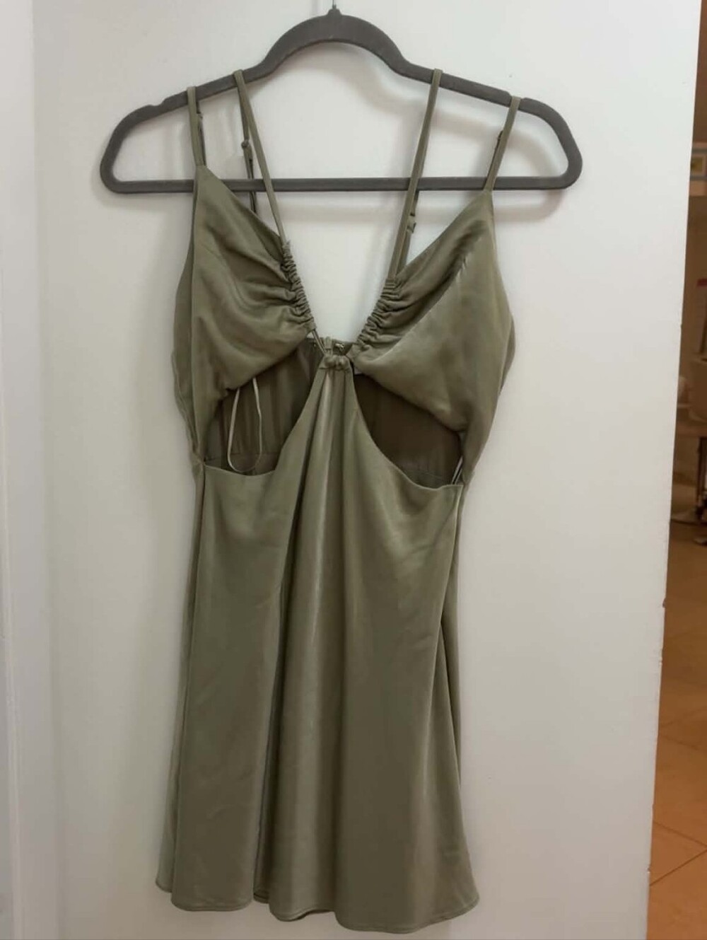 Lelis Collection Sage Green Satin Dress, Double Thin Straps, Open Details, S
